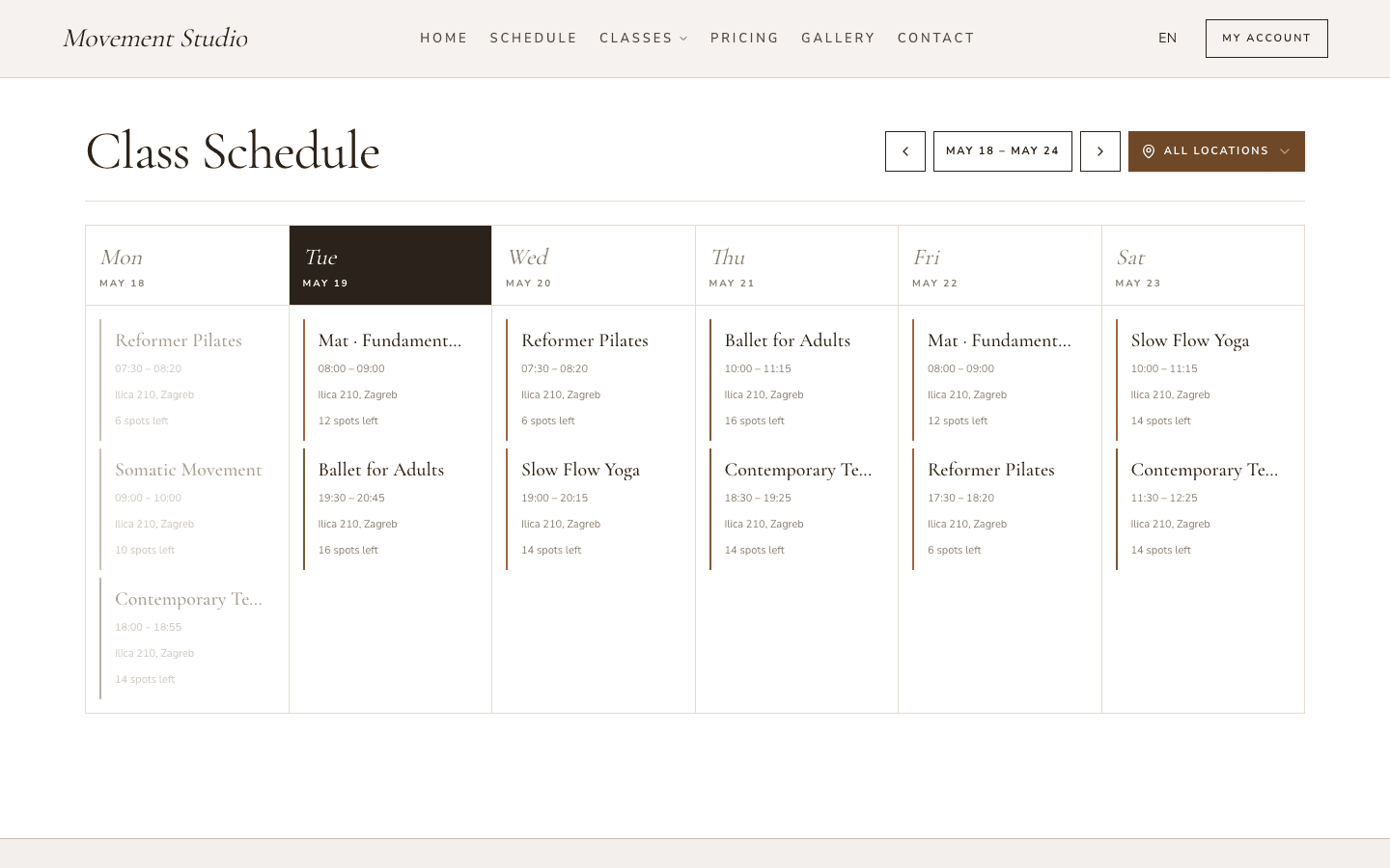 Template programma di Movement Studio in Studio OS che mostra un calendario settimanale delle lezioni
