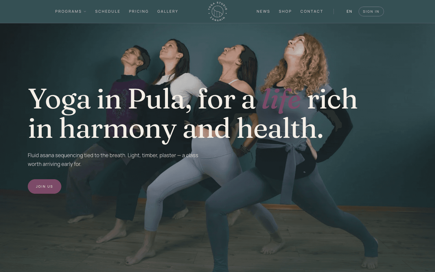 Template homepage di Yoga Zanshin Pula basato su Studio OS