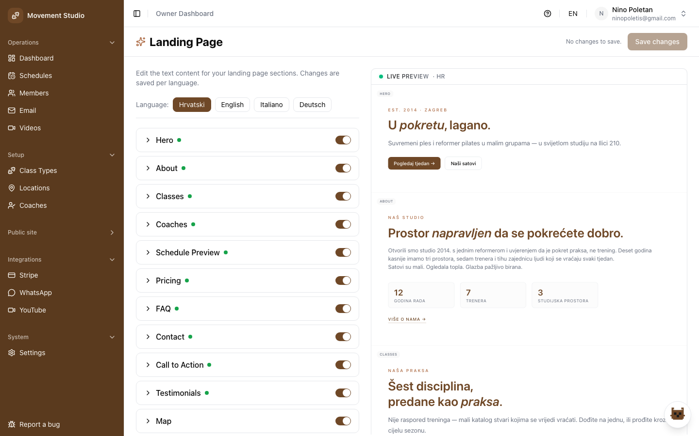 Editor della landing page dinamica con toggle per le sezioni