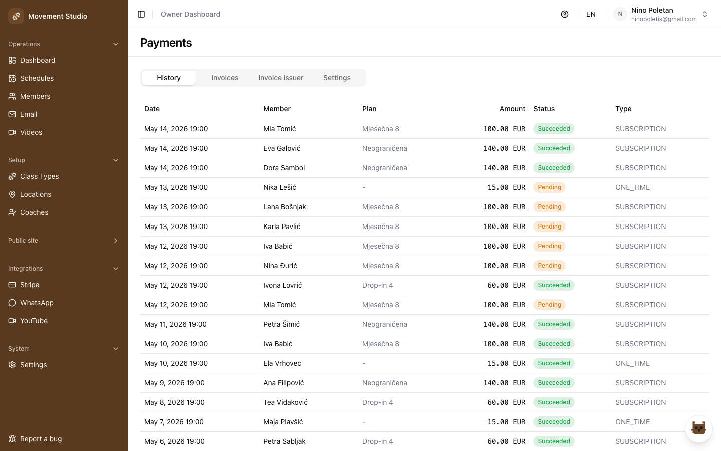 Storico pagamenti e abbonamenti Stripe